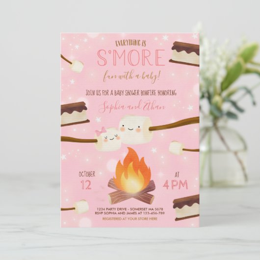 S'more Pink Girl Bonfire Baby shower Kaart (Staand voorkant)