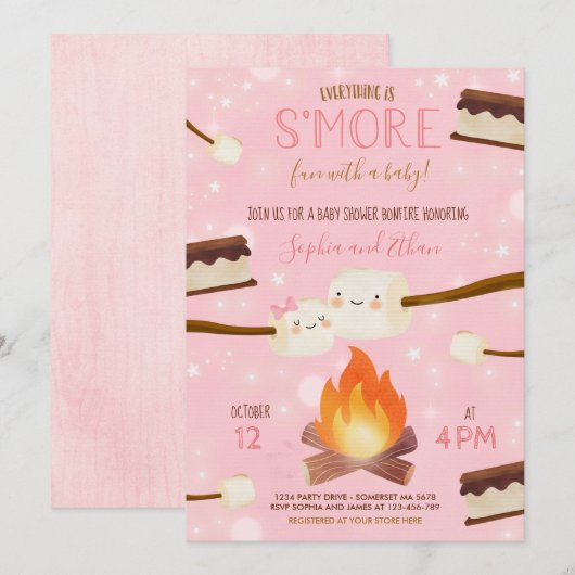 S'more Pink Girl Bonfire Baby shower Kaart (Voorkant / Achterkant)