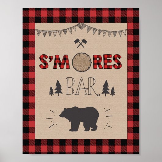 Smores Bar Sign Lumberjack table sign Birthday Poster (Voorkant)
