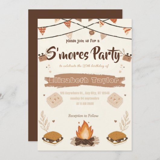 S'mores Birthday Party Invitation – Cozy Campfire Kaart (Voorkant / Achterkant)