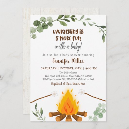 S'mores Campfire Bonfire Greenery Baby shower Invi Kaart (Voorkant / Achterkant)