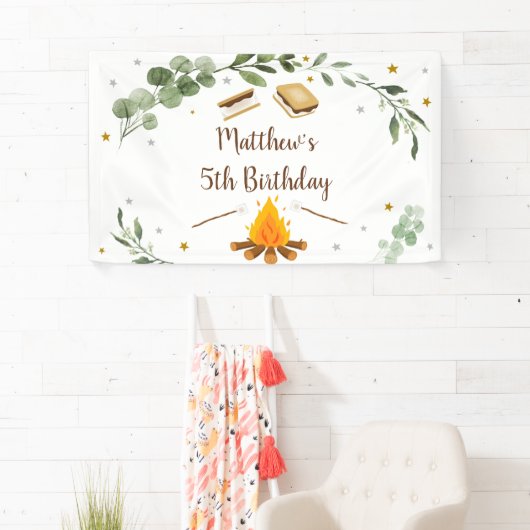 S'mores Camping Campfire Greenery Birthday Spandoek (Insitu)