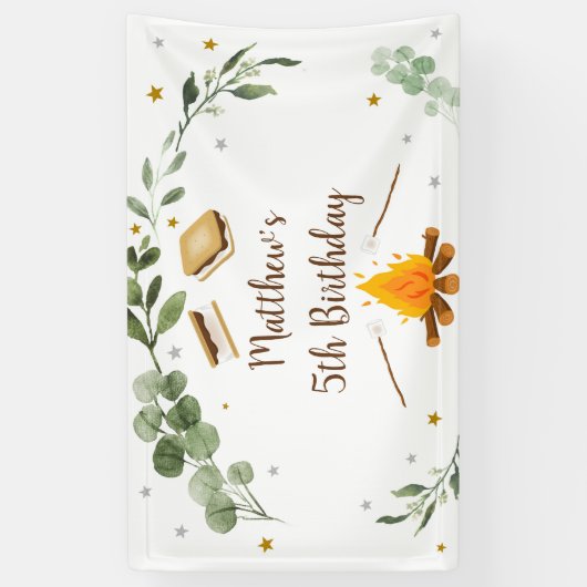 S'mores Camping Campfire Greenery Birthday Spandoek (Verticaal)