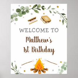 S'mores Camping Campfire Greenery Birthday Welcome Poster