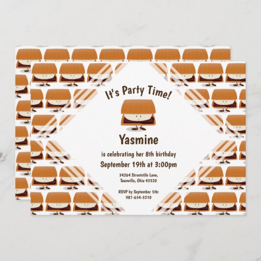 S'mores Pattern Cartoon Kids Birthday Uitnodiging (Voorkant / Achterkant)