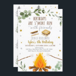 S'mores Verjaardag Camping Kamperen Bonfire Rustie Kaart<br><div class="desc">Deze schattige uitnodiging is voorzien van de mores van onze hand en illustraties van het kampvuur met waterverf greenery accenten.</div>