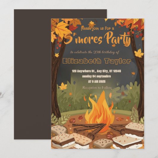 S'mores verjaardagsfeest uitnodiging – Knus kampvu (Voorkant / Achterkant)
