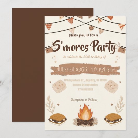 S'mores verjaardagsfeest uitnodiging – Knus kampvu (Voorkant / Achterkant)
