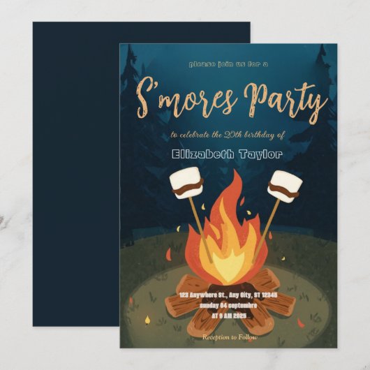 S'mores verjaardagsfeest uitnodiging – Knus kampvu (Voorkant / Achterkant)