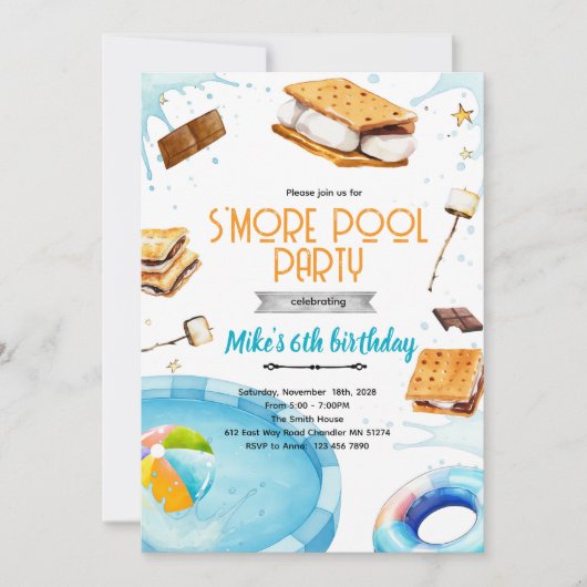 S'mores zwembad verjaardagsfeest uitnodiging (Voorkant)