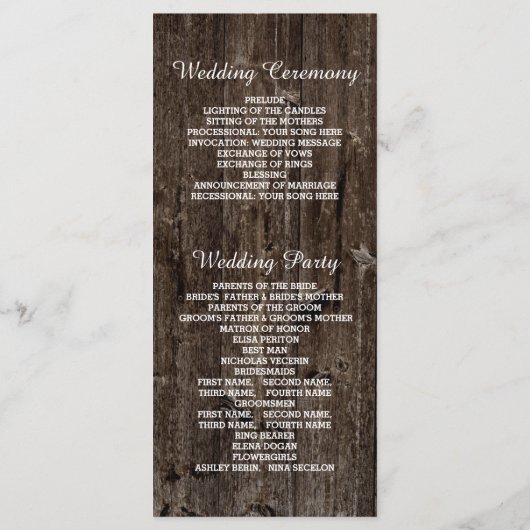 Snaar van lichten op oud houten huwelijksprogramma programmakaart (Achterkant)