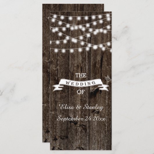 Snaar van lichten op oud houten huwelijksprogramma programmakaart (Voorkant / Achterkant)