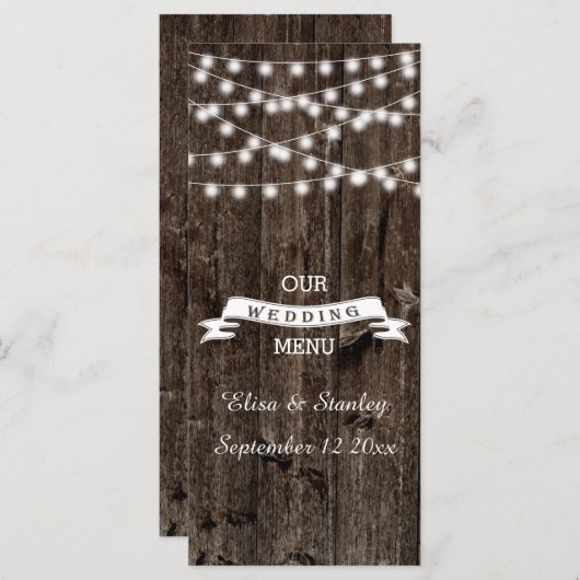 Snaar van lichten op oude houten trouwmenukaart menu (Voorkant / Achterkant)