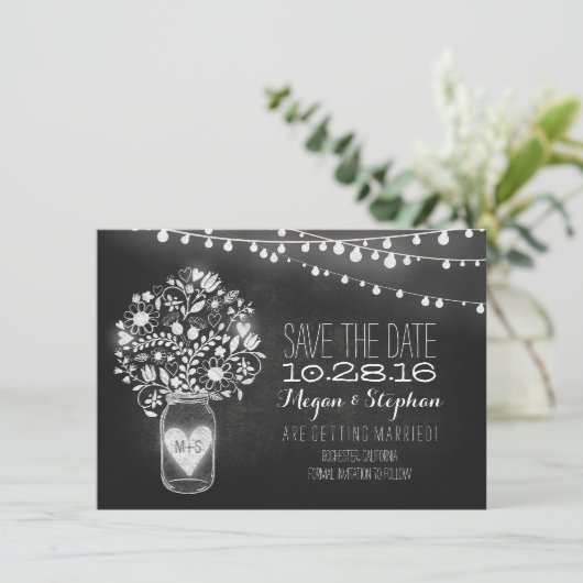 snaarlampjes van de moeras jar chalkboard sparen d save the date (Staand voorkant)
