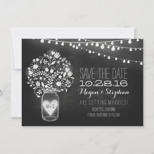 snaarlampjes van de moeras jar chalkboard sparen d save the date (Voorkant)