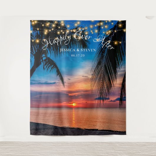 Snaarlichten Zonsondergang Palmboom Strand Bruilof Wandkleed (Voorkant)