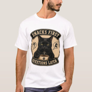 Snacks Eerst Vragen Later Grappige Zwarte Kat T-Sh T-shirt