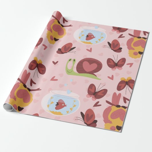 Snail Heart Love Vlinders romance valentijnen Cadeaupapier (Uitgerold)