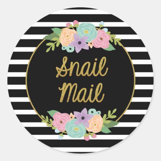 Snail Mail Sticker - zwart-wit strepen goud (Voorkant)