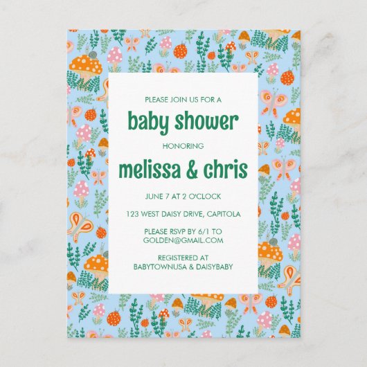 Snail Mushroom Butterfly Schattige CUSTOM BABY SHO Uitnodiging Briefkaart (Voorkant)