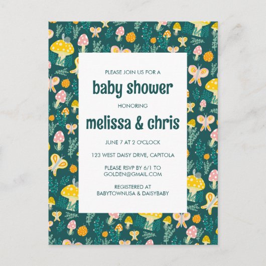 Snail Mushroom Butterfly Schattige CUSTOM BABY SHO Uitnodiging Briefkaart (Voorkant)