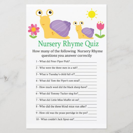 Snail Nursery Rhyme Quiz baby shower game (Voorkant)