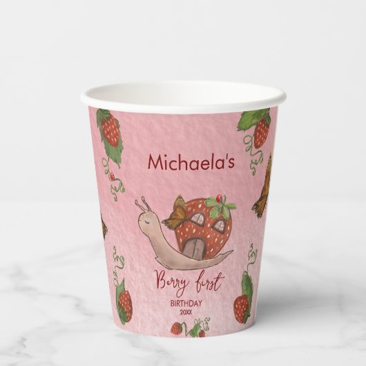 Snail & Strawberry 'Berry First' Party Cups Papieren Bekers (Achterkant)