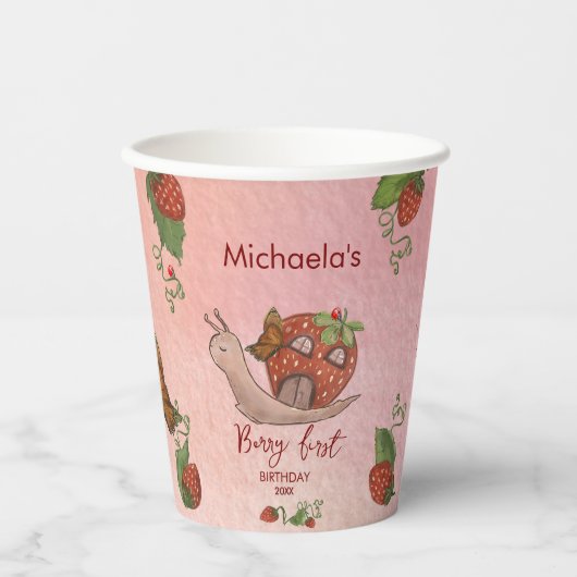 Snail & Strawberry 'Berry First' Party Cups Papieren Bekers (Voorkant)