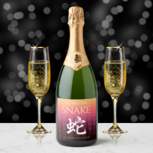 Snake 蛇 Red Gold Chinese Zodiac Lunar Symbol Sparkling Wijnetiket