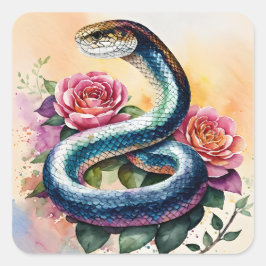 Snake Bloemen Waterverf Kunst Vierkante Sticker