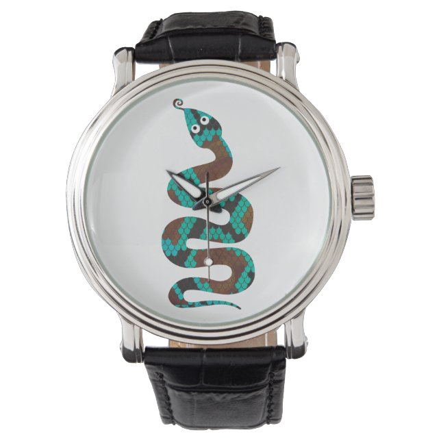 Snake Brown en Blauwgroen Print Silhouette Horloge (Voorkant)