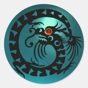 SNAKE DRAGON zwart, aquamarine blauw, rode ruby Ronde Sticker