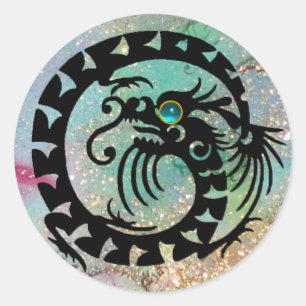 SNAKE DRAGON, zwart, aquamarineblauw Ronde Sticker