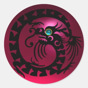 SNAKE DRAGON, zwart, rode roze ruby, aquamarinebla Ronde Sticker