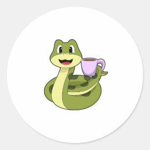 Snake met beker koffie ronde sticker