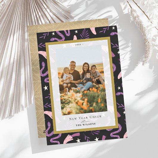 Snake & Mushroom Black 2 Foto Chinees Nieuwjaar Feestdagenkaart