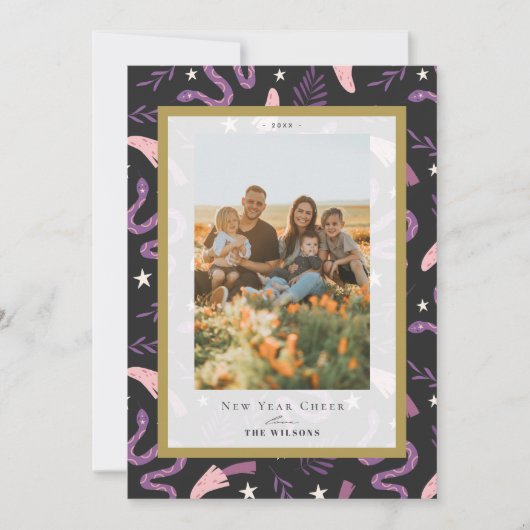 Snake & Mushroom Black 2 Foto Chinees Nieuwjaar Feestdagenkaart (Voorkant)