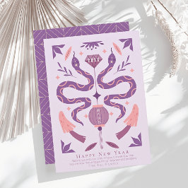Snake & Mushroom Paarse foto Chinees Nieuwjaar Feestdagenkaart