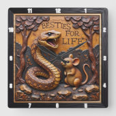 Snake Rat Friendship Wood Vierkante Klok (Voorkant)