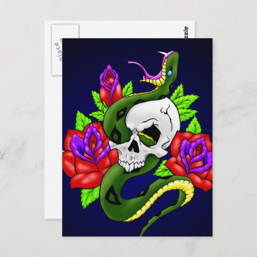 Snake, schedel en Rozen Briefkaart (Voorkant / Achterkant)