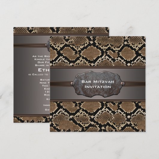 Snake Skin Brown en Black Rustic Bar Mitswa Kaart (Voorkant / Achterkant)