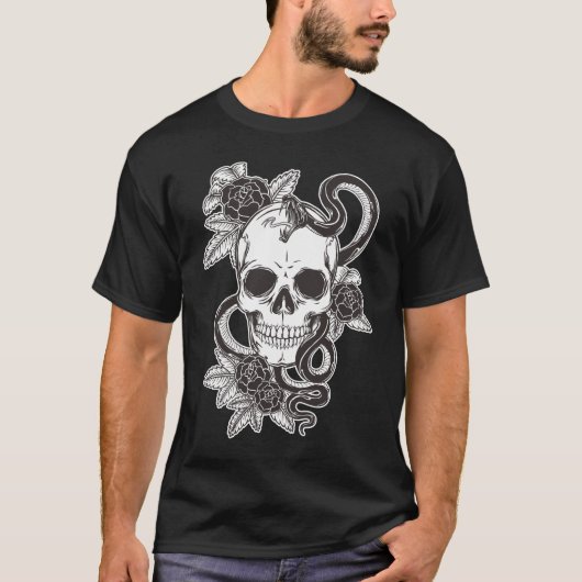 Snake Skull Zwart/Wit Graphic Art Style Mannen T-shirt (Voorkant)