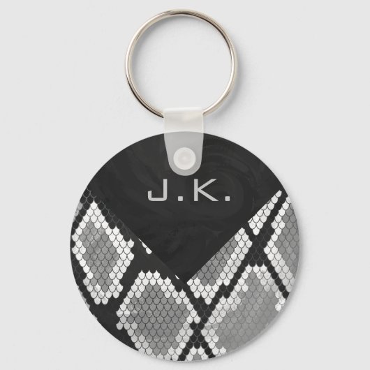 Snakeskin Grey, White en Black Monogrammed Sleutelhanger (Voorkant)