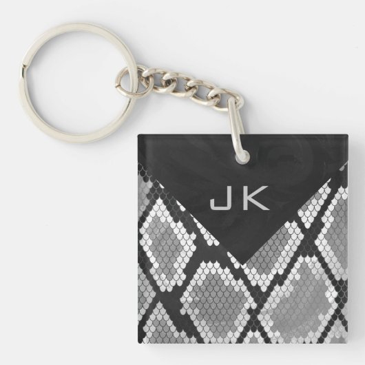 Snakeskin Grey, White en Black Monogrammed Sleutelhanger (Voorkant)