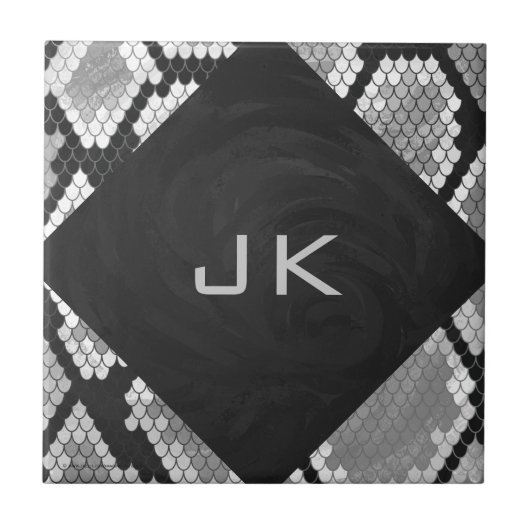 Snakeskin Grey, White en Black Monogrammed Tegeltje (Voorkant)