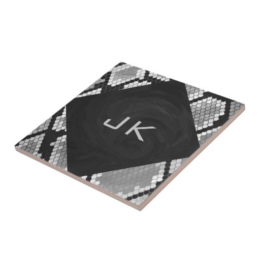 Snakeskin Grey, White en Black Monogrammed Tegeltje (Zijkant)