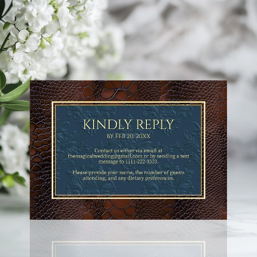 Snakeskin Leather Victoriaans Bruin Wedding RSVP Kaartje
