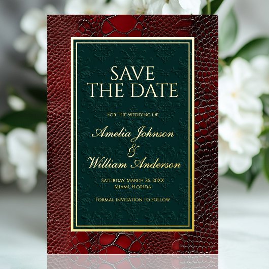 Snakeskin Leather Victoriaans Red Save the Date Folie Uitnodiging