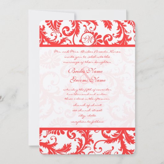 Snap Dragon Coral Damask Wedding Invitation Kaart (Voorkant)