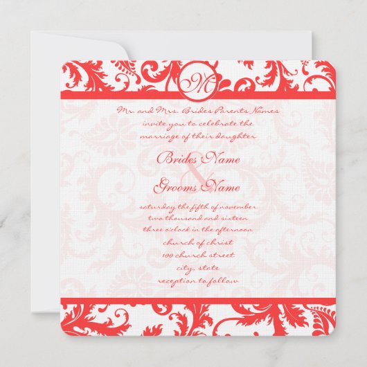 Snap Dragon Coral Damask Wedding Invitation Kaart (Voorkant)
